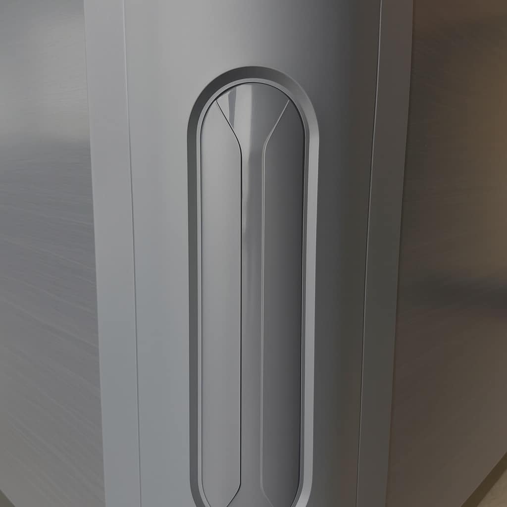 Gros plan sur un design épuré, métallique et minimaliste, présentant une indentation ovale verticale aux bords lisses et arrondis sur une surface en métal brossé.
