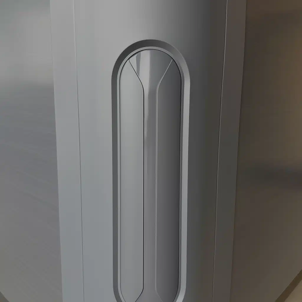 Gros plan sur un design épuré, métallique et minimaliste, présentant une indentation ovale verticale aux bords lisses et arrondis sur une surface en métal brossé.