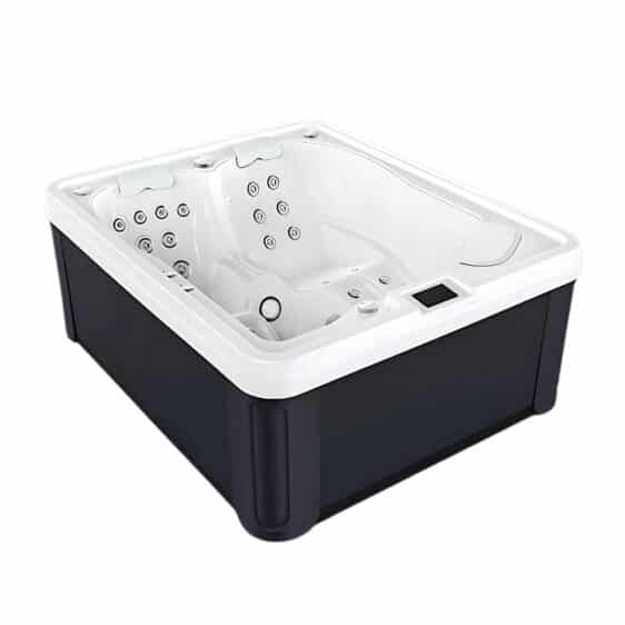 Image d'un jacuzzi rectangulaire blanc moderne avec une base noire contrastante. Le spa 3 places D164 est doté de plusieurs jets ronds pour le massage à l'eau, d'assises profilées pour deux personnes et d'un panneau de commande numérique sur le bord.