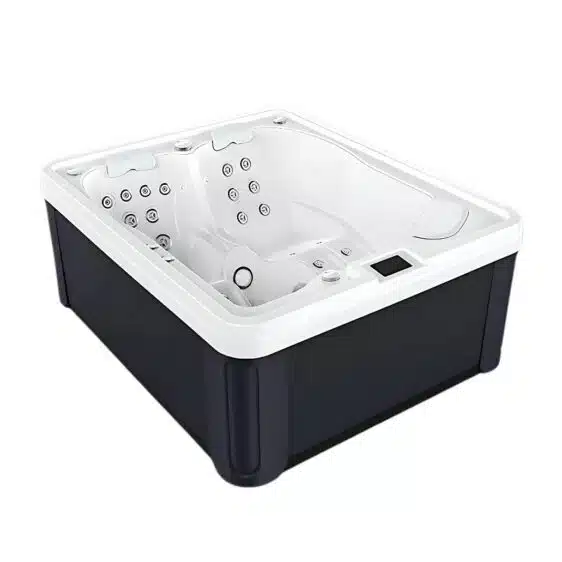 Image d'un jacuzzi rectangulaire blanc moderne avec une base noire contrastante. Le spa 3 places D164 est doté de plusieurs jets ronds pour le massage à l'eau, d'assises profilées pour deux personnes et d'un panneau de commande numérique sur le bord.