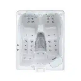 Le Spa 3 Places D164 est un spa rectangulaire doté de sièges ergonomiques, de multiples jets d'eau pour l'hydrothérapie et d'un intérieur blanc rehaussé de gris. Il comprend deux espaces principaux séparés par une console centrale, offrant un espace détente idéal.