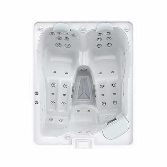 Le Spa 3 Places D164 est un spa rectangulaire doté de sièges ergonomiques, de multiples jets d'eau pour l'hydrothérapie et d'un intérieur blanc rehaussé de gris. Il comprend deux espaces principaux séparés par une console centrale, offrant un espace détente idéal.