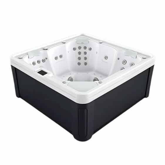 Le Spa 5 places D200 présente un design carré élégant, avec un extérieur noir et un intérieur blanc, et propose de nombreux jets le long des murs et des sièges. Il offre des coins confortables, parfaits pour une détente luxueuse jusqu'à cinq personnes.