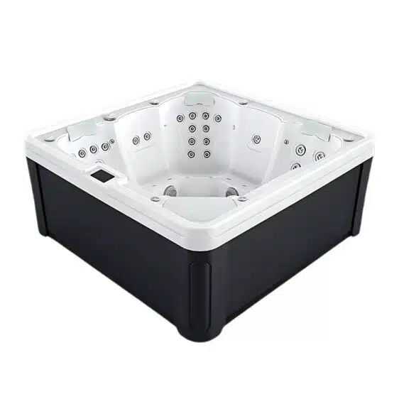 Le Spa 5 places D200 présente un design carré élégant, avec un extérieur noir et un intérieur blanc, et propose de nombreux jets le long des murs et des sièges. Il offre des coins confortables, parfaits pour une détente luxueuse jusqu'à cinq personnes.