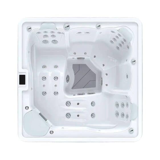 Vue plongeante du spa blanc et vide Spa 5 Places D200, équipé de plusieurs jets et pouvant accueillir 5 personnes. Il est équipé d'un panneau de commande, d'un escalier et d'un cadre carré. Épuré et moderne, il est conçu pour une détente et une hydrothérapie optimales.