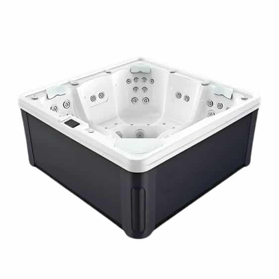 Découvrez le Spa 5 places D212, un spa carré noir et blanc. Doté de multiples jets et de nombreuses places assises, il présente un intérieur blanc élégant et des commandes circulaires, offrant un design moderne idéal pour la détente.