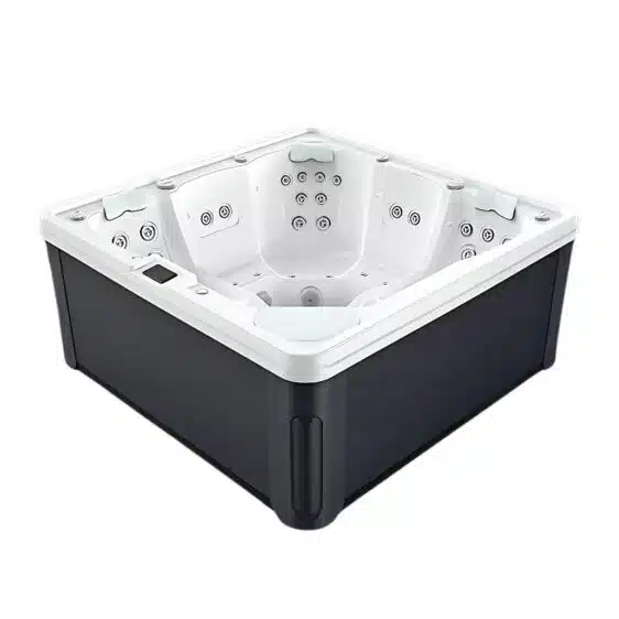 Découvrez le Spa 5 places D212, un spa carré noir et blanc. Doté de multiples jets et de nombreuses places assises, il présente un intérieur blanc élégant et des commandes circulaires, offrant un design moderne idéal pour la détente.