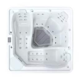 Vue de dessus du Spa 5 places D212, un jacuzzi/bain à remous carré blanc avec de multiples jets d'eau, des sièges profilés et un puits central pour les pieds conçu pour la relaxation et l'hydrothérapie.