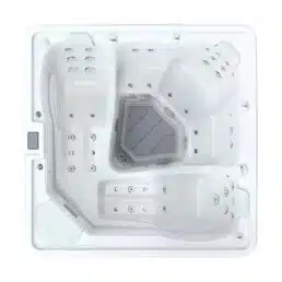 Vue de dessus du Spa 5 places D212, un jacuzzi/bain à remous carré blanc avec de multiples jets d'eau, des sièges profilés et un puits central pour les pieds conçu pour la relaxation et l'hydrothérapie.