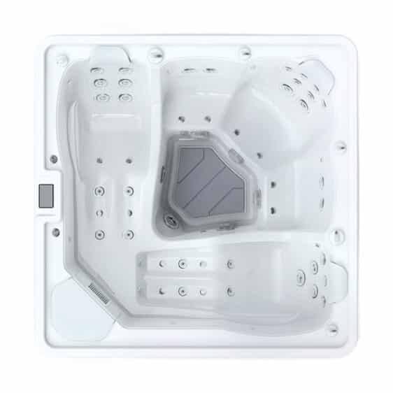 Vue de dessus du Spa 5 places D212, un jacuzzi/bain à remous carré blanc avec de multiples jets d'eau, des sièges profilés et un puits central pour les pieds conçu pour la relaxation et l'hydrothérapie.
