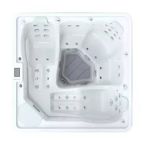 Vue de dessus du Spa 5 places D212, un jacuzzi/bain à remous carré blanc avec de multiples jets d'eau, des sièges profilés et un puits central pour les pieds conçu pour la relaxation et l'hydrothérapie.