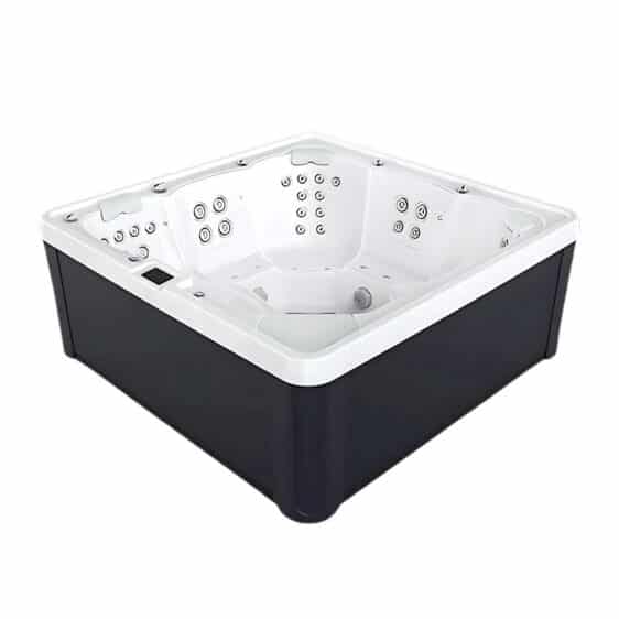 Le Spa 5 places D230 est un spa carré et moderne, doté d'un extérieur noir élégant et d'un intérieur blanc immaculé, avec de multiples jets en acier inoxydable sur les côtés et dans les coins. Il est présenté vide sur un fond blanc uni.