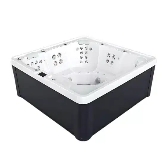 Le Spa 5 places D230 est un spa carré et moderne, doté d'un extérieur noir élégant et d'un intérieur blanc immaculé, avec de multiples jets en acier inoxydable sur les côtés et dans les coins. Il est présenté vide sur un fond blanc uni.