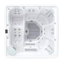 Vue de dessus du Spa 5 places D230, un spa carré blanc pouvant accueillir jusqu'à 5 personnes. Il dispose de plusieurs sièges ergonomiques, de nombreuses buses à jets, d'un panneau de sol gris et d'un petit panneau de commande noir sur un côté.