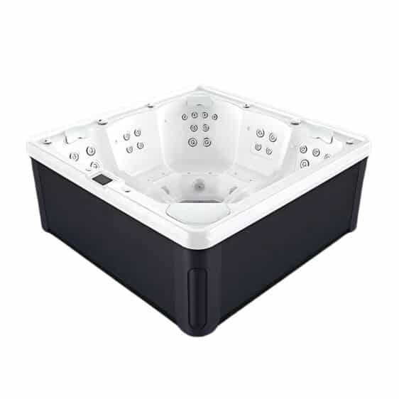 Le Spa 5 places D230C est un spa carré à l'intérieur blanc et à l'extérieur foncé, avec de multiples jets autour de l'assise. Vu du dessus, ce spa spacieux est idéal pour la détente.