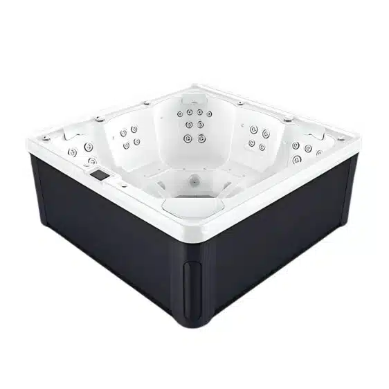Le Spa 5 places D230C est un spa carré à l'intérieur blanc et à l'extérieur foncé, avec de multiples jets autour de l'assise. Vu du dessus, ce spa spacieux est idéal pour la détente.