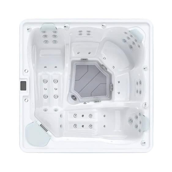 Vue aérienne du spa 5 places D230C, conçu pour six personnes, avec ses différents espaces d'assise, ses jets d'eau et ses commandes. Le spa vide est blanc avec des touches de gris dans les coins.