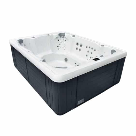 Le Spa 9 places D300 est un grand spa rectangulaire blanc à l'extérieur noir élégant, doté de multiples buses de jets, d'appuie-têtes rembourrés et d'un panneau de commande. Profitez de la technologie Spa De Nage pour une détente ultime.