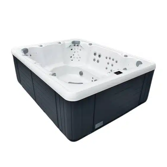 Le Spa 9 places D300 est un grand spa rectangulaire blanc à l'extérieur noir élégant, doté de multiples buses de jets, d'appuie-têtes rembourrés et d'un panneau de commande. Profitez de la technologie Spa De Nage pour une détente ultime.