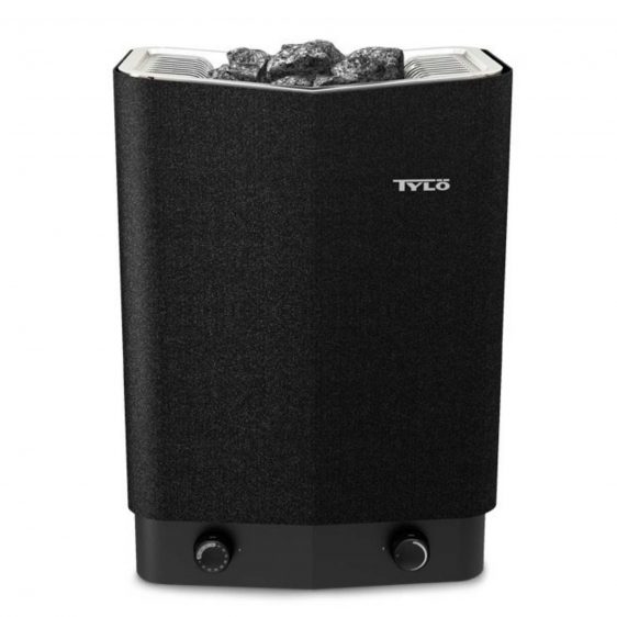 Un sauna Poêle Tylö Sense Sport noir au design rectangulaire, doté d'un plateau métallique rempli de pierres de sauna. Le panneau inférieur comporte deux boutons de commande pour ajuster les paramètres. Ce radiateur élégant et efficace est parfait pour une utilisation dans n’importe quelle salle de sauna.
