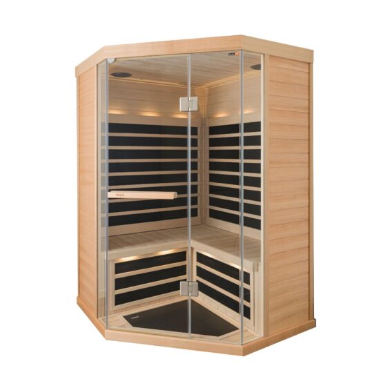 Le sauna infrarouge Tylö T-870 est un sauna infrarouge d'angle moderne doté d'un extérieur en bois, d'une porte vitrée et d'une banquette confortable. Son design élégant comprend des panneaux chauffants noirs sur les murs et il peut accueillir confortablement trois personnes tout en paraissant inoccupé et tout neuf.
