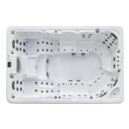Vue de dessus du Spa 10 places D354, un grand jacuzzi rectangulaire blanc pouvant accueillir 10 personnes et doté de jets d'hydrothérapie intégrés pour la détente.