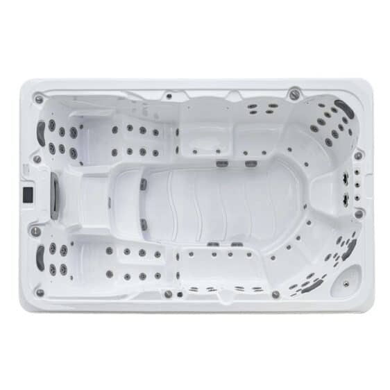 Vue de dessus du Spa 10 places D354, un grand jacuzzi rectangulaire blanc pouvant accueillir 10 personnes et doté de jets d'hydrothérapie intégrés pour la détente.