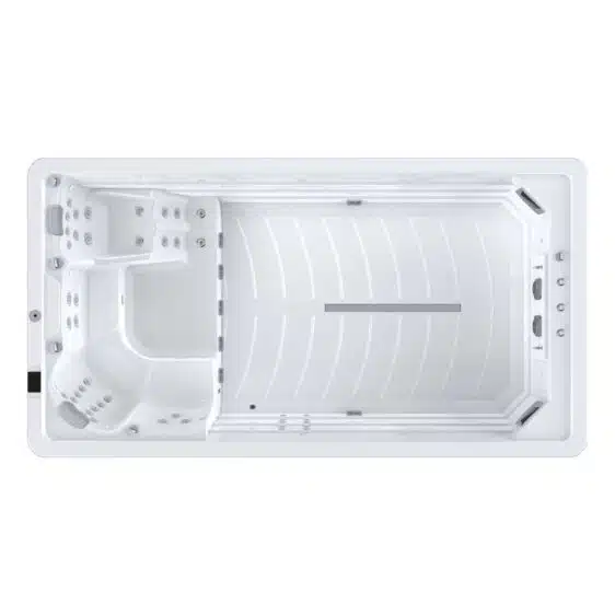 Vue de dessus du Spa de nage D440, un spa de nage rectangulaire blanc avec sièges intégrés, plusieurs jets et une zone de nage plate soulignée par des marquages de couloirs.