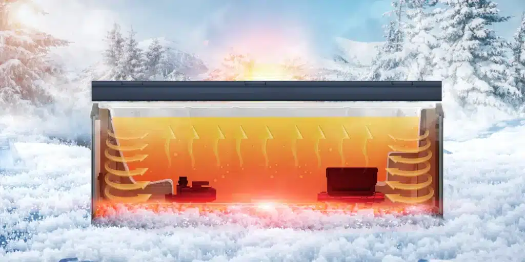 Une coupe d'un bâtiment enneigé montre la circulation de l'air chaud et le chauffage intérieur, avec des flèches pour le flux de chaleur et une lueur orange chaleureuse, ainsi qu'un Spa de nage à contre-courant D600P offrant un confort relaxant contre le froid extérieur.