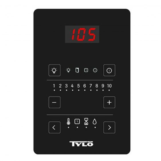 Un panneau de commande numérique noir avec un affichage LED rouge indiquant « 105 ». Il comporte divers boutons tactiles disposés en rangées, notamment un bouton d'alimentation, un bouton d'éclairage, des réglages de minuterie et un contrôle de la température. La marque du sauna Poêle Tylö Sense Pure est affichée en bas.