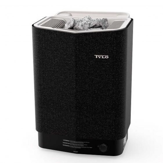 Un sauna Poêle Tylö Sense Combi Pure noir avec une partie supérieure blanche contenant des pierres de sauna. Le design élégant et rectangulaire est doté de la technologie avancée Sense Combi Elite et comprend un bouton de commande situé en bas à droite.
