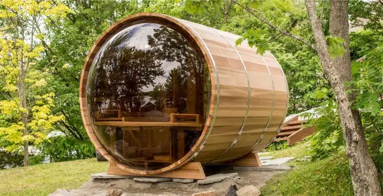 sauna exterieur panoramique en cèdre avec bulle