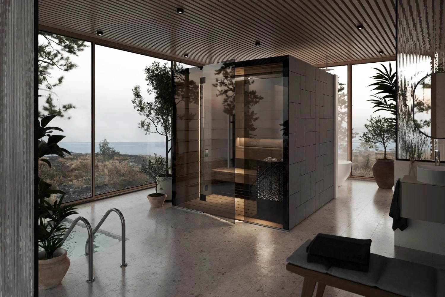 un sauna Tylohelo vitré au centre