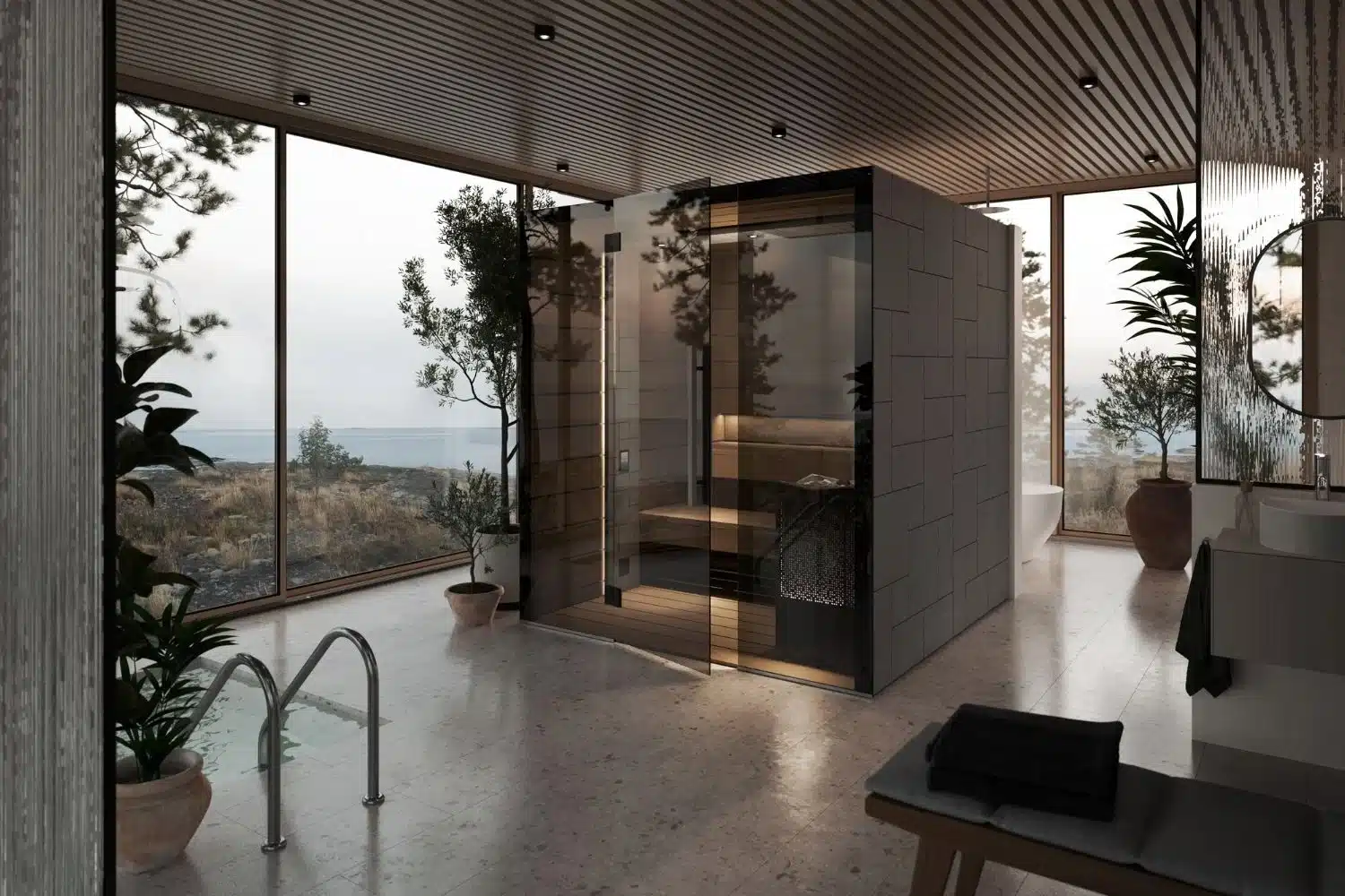 un sauna Tylohelo vitré au centre