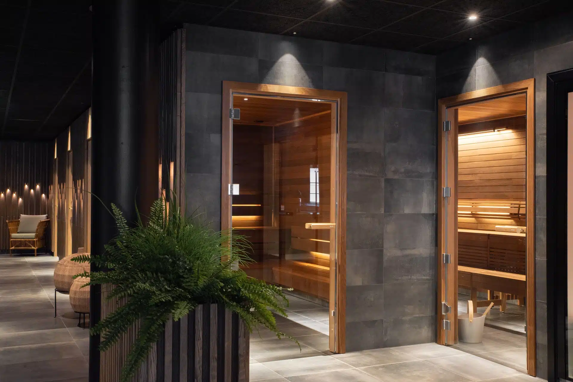 Intérieur de spa moderne avec deux saunas Tylo aux portes vitrées, enveloppés de carreaux gris foncé. Une plante verte luxuriante orne le premier plan, tandis qu'un éclairage doux renforce l'atmosphère calme et accueillante.