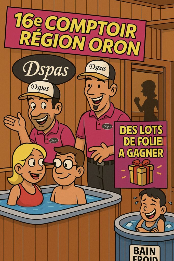 Dessin humoristique représentant trois employés souriants en chemise rose et bonnet « Dspas » à côté de deux personnes profitant d'un rituel hammam, avec un enfant dans un bain froid. Texte : « 16e Comptoir Région Oron », « Des tas de folie à gagner ».