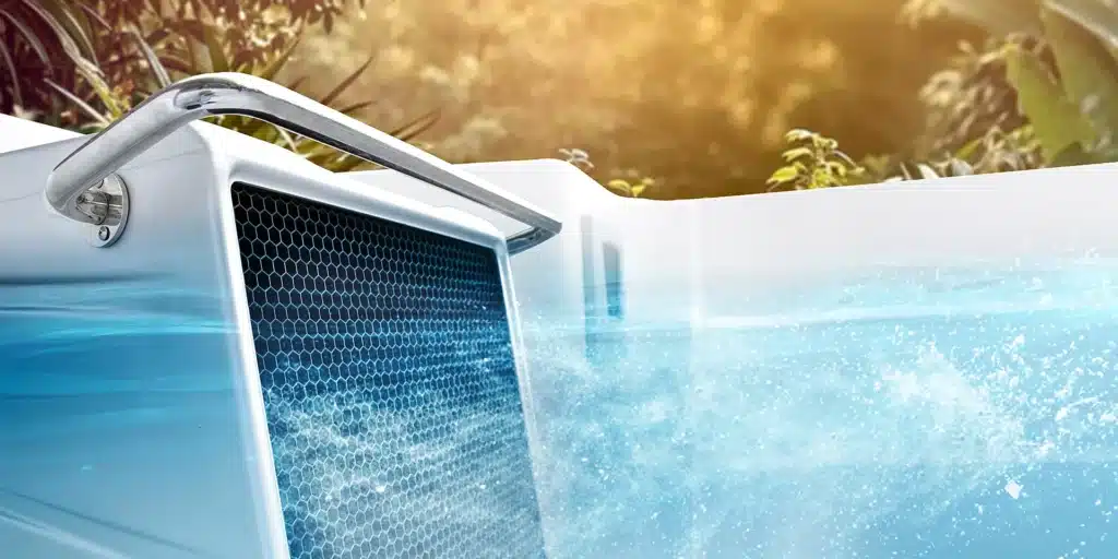 Gros plan de la piscine Spa de nage D600N avec une main courante en métal, une eau bleu clair et des bulles ; une végétation luxuriante et la lumière du soleil apparaissent en arrière-plan.