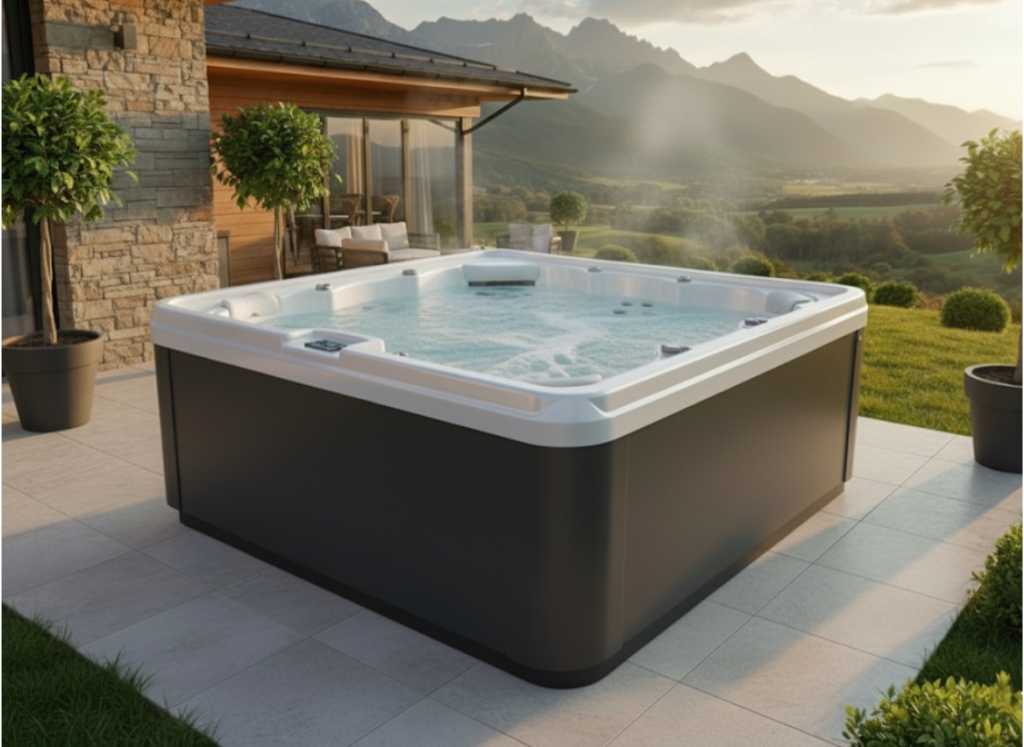 Un jacuzzi moderne à l'eau bouillonnante se trouve sur un patio à côté d'une maison, entouré d'arbres en pot. Les spas de ce type permettent de se détendre grâce à la vue sur les montagnes et les champs verdoyants visibles en arrière-plan sous un ciel partiellement nuageux.