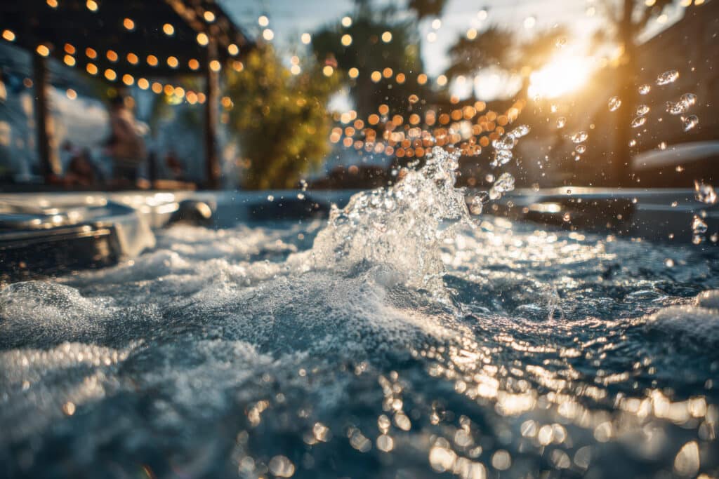 Gros plan sur des bulles et des éclaboussures d'eau dans un spa de nage à louer en extérieur, avec la lumière chaude du soleil et des guirlandes lumineuses en arrière-plan, créant une atmosphère festive et relaxante.