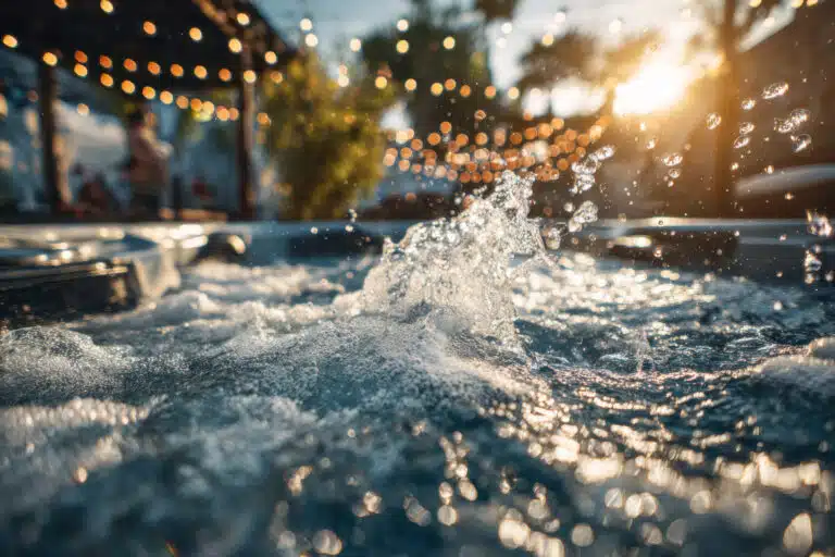 Gros plan sur des bulles et des éclaboussures d'eau dans un spa de nage à louer en extérieur, avec la lumière chaude du soleil et des guirlandes lumineuses en arrière-plan, créant une atmosphère festive et relaxante.