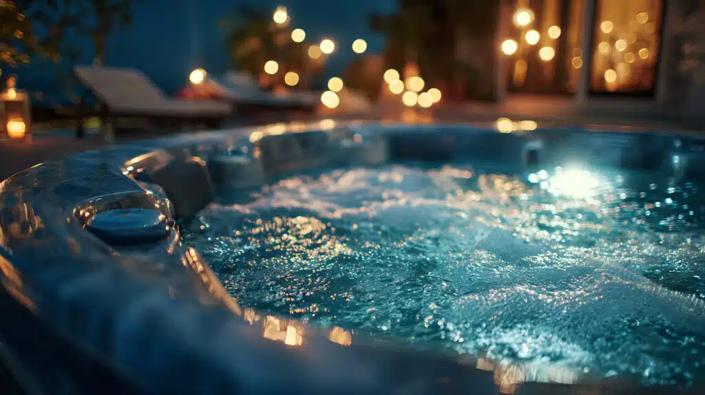 Gros plan sur un spa de nage bouillonnant louable en plein air la nuit, entouré de lumières douces et chaudes et de chaises longues floues en arrière-plan, créant une atmosphère relaxante et invitante.