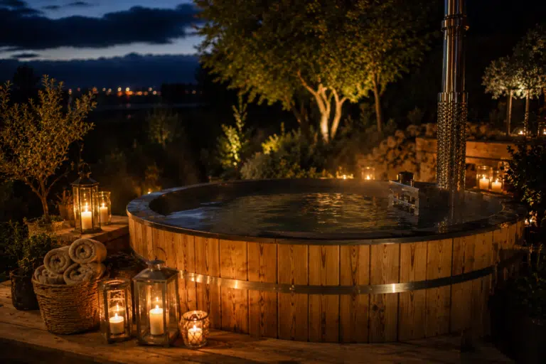 Un jacuzzi en bois à l'extérieur, la nuit, entouré de bougies et de lanternes, avec des serviettes roulées dans un panier et des arbres doucement éclairés à l'arrière-plan. La scène est chaleureuse, accueillante et tranquille.