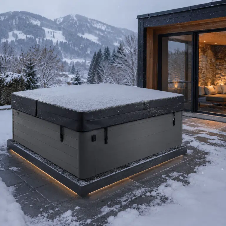 Un jacuzzi couvert trône sur une terrasse saupoudrée de neige, devant une maison moderne aux grandes baies vitrées ; en arrière-plan, on aperçoit des arbres et des montagnes enneigés.