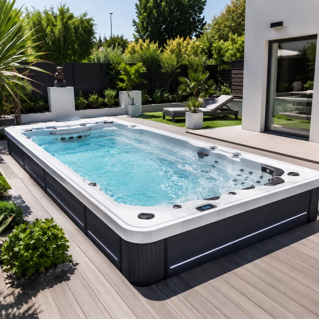 Un jardin moderne abrite un grand spa de nage rectangulaire, idéal pour faire de l'exercice dans l'eau ou se détendre comme dans un jacuzzi, entouré d'une terrasse en bois, de plantes verdoyantes et d'une chaise longue, avec en arrière-plan une maison blanche et des arbres.
