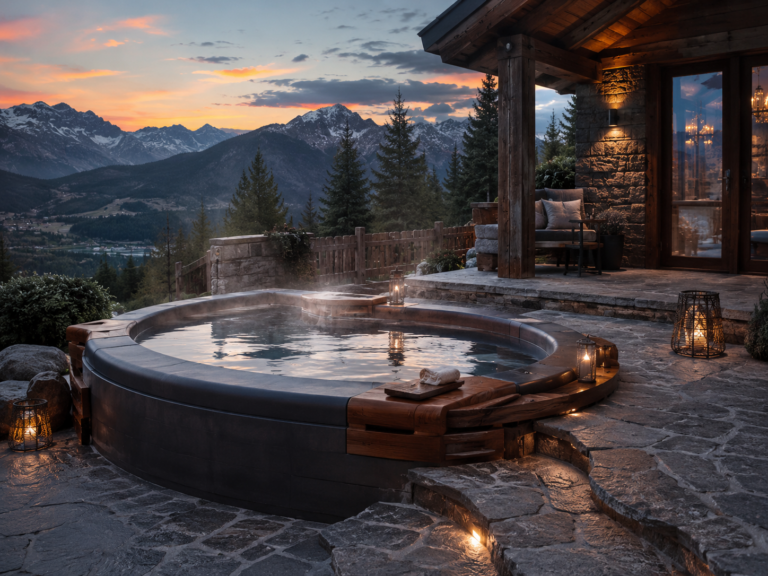 Éclairage spa extérieur. Un jacuzzi rond en plein air, installé sur une terrasse en pierre, donne sur un paysage de montagne au coucher du soleil ; des lumières tamisées et des bougies créent une ambiance chaleureuse et accueillante près d'un chalet rustique en bois.