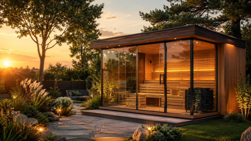 Sauna de jardin vitré en communion avec la nature .