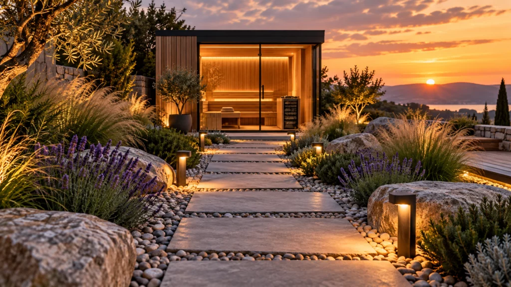 Aménagement sauna extérieur avec chemin en pierre, graminées, lavande et éclairage de jardin autour d’un sauna moderne.