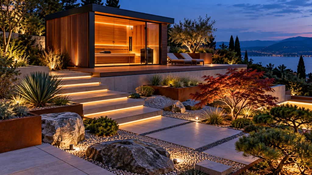 Aménagement sauna extérieur dans un jardin minéral avec pierres, niveaux, végétation graphique et éclairage intégré.