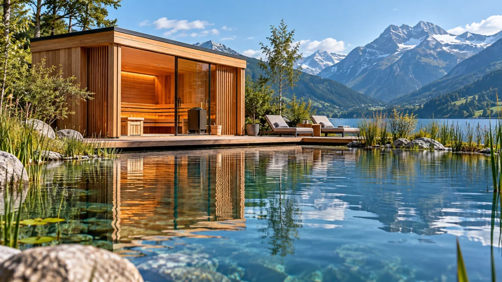 Aménagement sauna extérieur avec bassin de rafraîchissement, terrasse en bois et vue sur un paysage alpin.