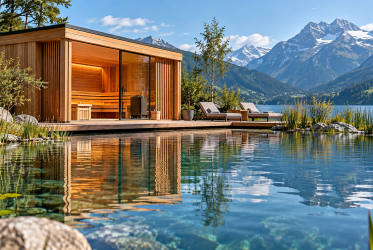 Aménagement sauna extérieur avec bassin de rafraîchissement, terrasse en bois et vue sur un paysage alpin.